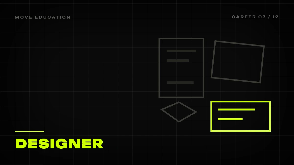 Graphic cover: mockups on a table, one circled in lime, designer at a marketing agency