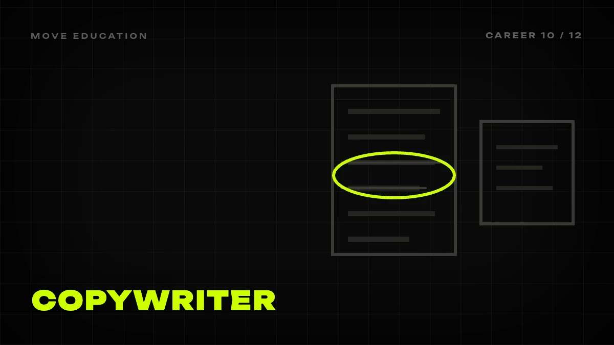 Graphic cover: text with a lime-outlined edit line, copywriter in marketing