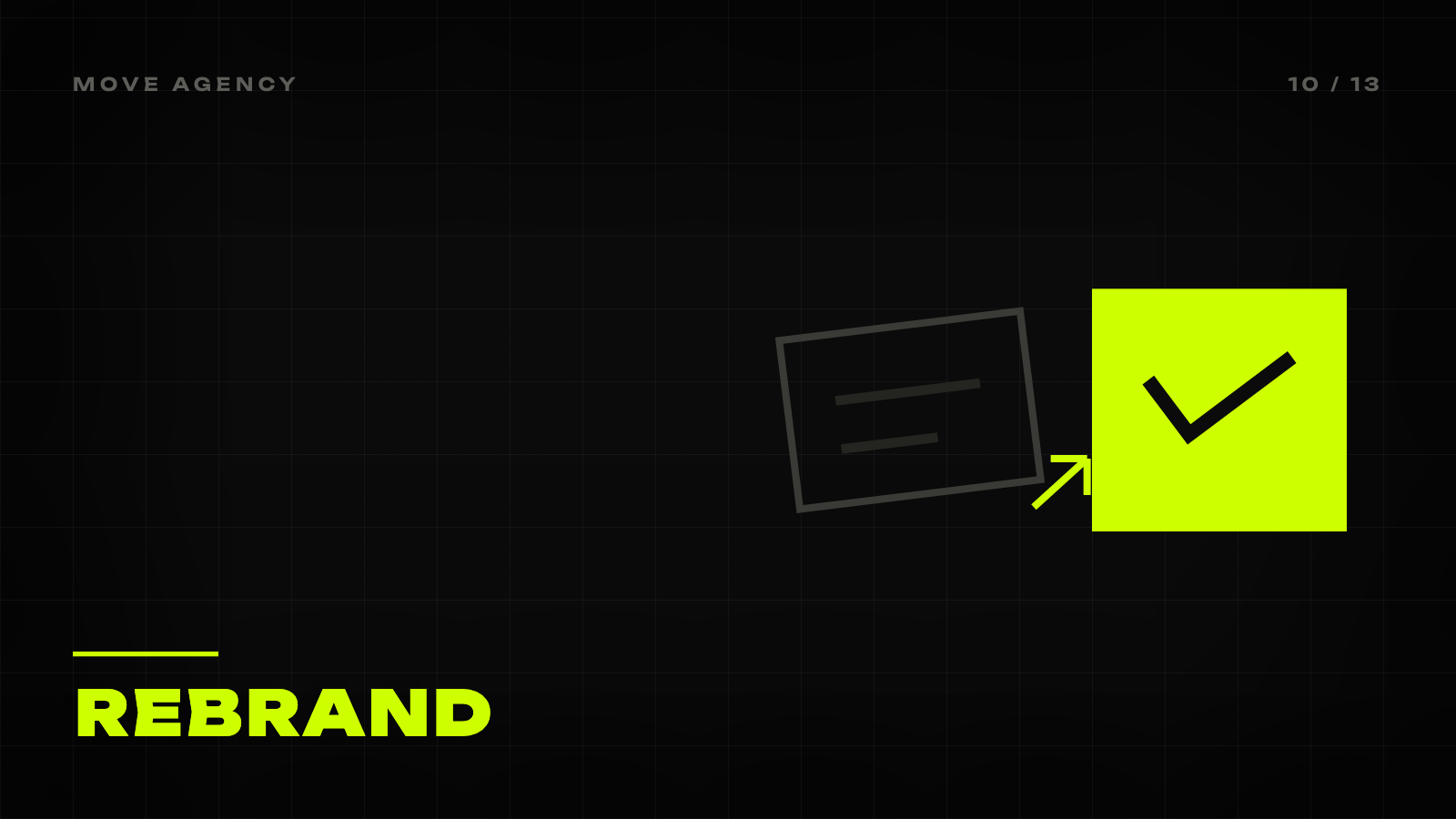 MOVE Agency article cover: black background, lime-green icon and the word Rebrand