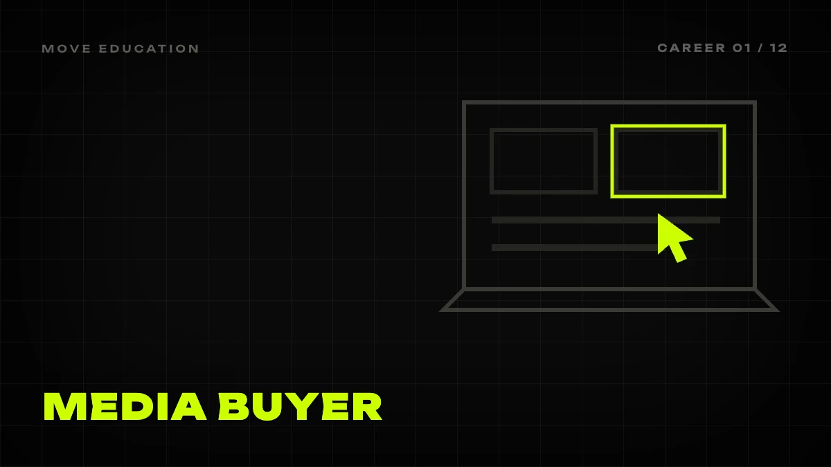 Graphic cover: ad account with a lime frame on a creative and a cursor, how to become a media buyer