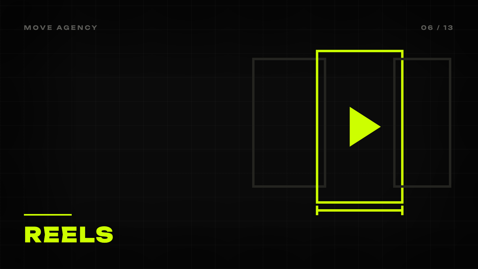 Обкладинка статті MOVE Agency: чорне тло, лаймовий знак і напис «Reels»