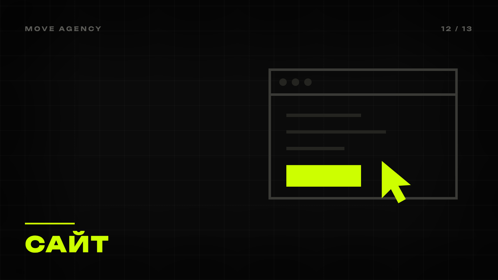 Обкладинка статті MOVE Agency: чорне тло, лаймовий знак і напис «Сайт»