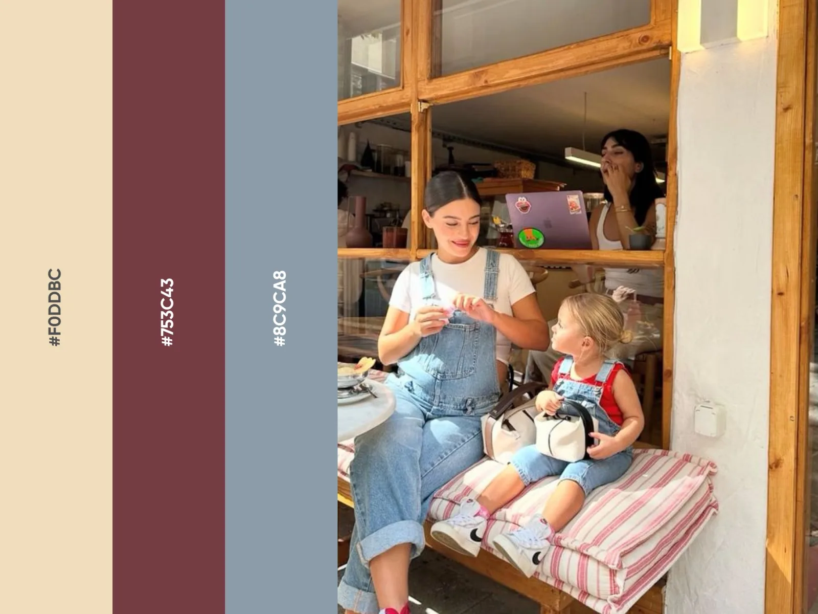 Main & Mini palette next to a photo of a mother and child at the café window